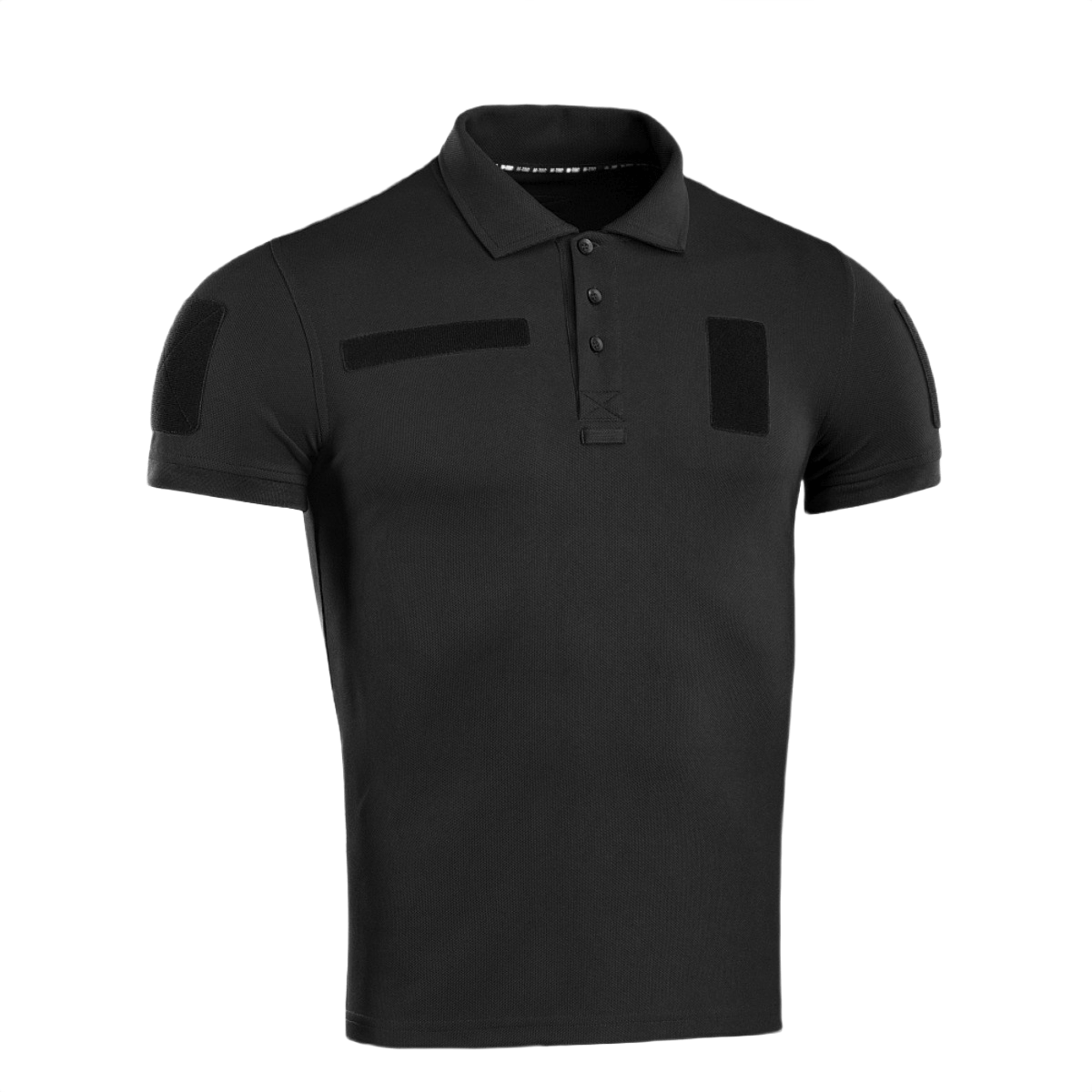 Sort M-Tac Tactical Polo Shirt 65/35 med velcro-paneler til patches og ID, designet til politi- og sikkerhedsarbejde, lavet af bomuld og polyester.