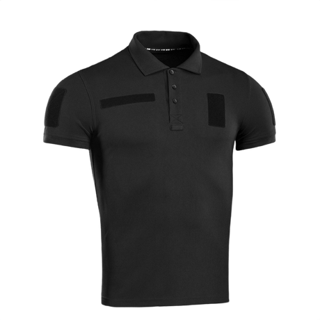 Sort M-Tac Tactical Polo Shirt 65/35 med velcro-paneler til patches og ID, designet til politi- og sikkerhedsarbejde, lavet af bomuld og polyester.
