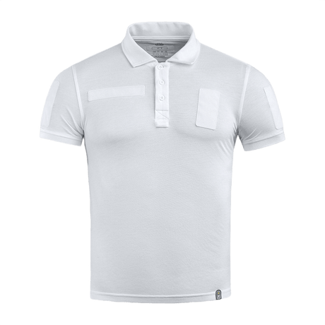 M-Tac Tactical Polo Shirt 65/35 i hvid med velcro-paneler til uniformer, politiet og sikkerhedsarbejde. Fremstillet i 65% bomuld og 35% polyester.