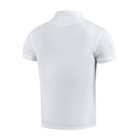 M-Tac Tactical Polo Shirt 65/35 for politibetjente og sikkerhed, hvid med velcro-paneler til patches, set bagfra.