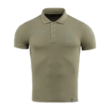 M-Tac Tactical Polo Shirt 65/35 i olivengrøn med velcro-paneler, perfekt til politi og sikkerhed, bomuld-polyester blanding for komfort og holdbarhed.