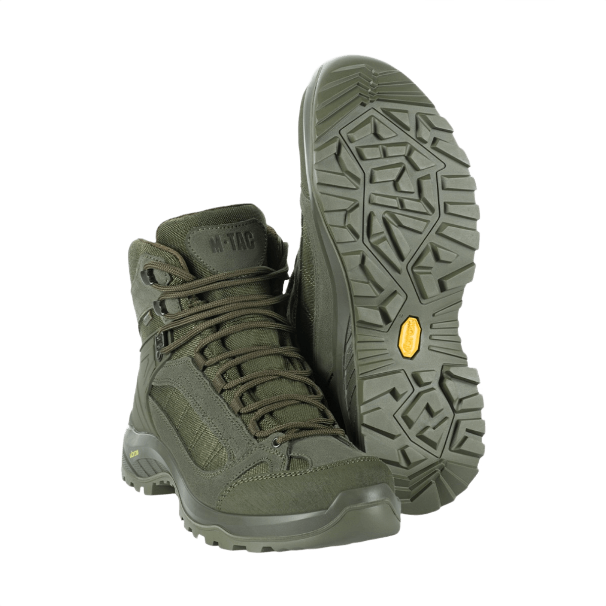 M-Tac Taktiske Demi-Season Støvler Pro Line i grøn med suedeskaft og Vibram-sål, ideel til taktiske opgaver og friluftsliv.