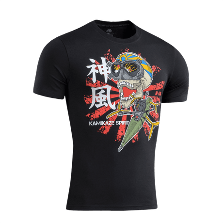Sort M-Tac T-Shirt Kamikaze Spirit med stiliseret kranie og FPV-goggles foran japansk solflag. 93% bomuld, 7% elastan.