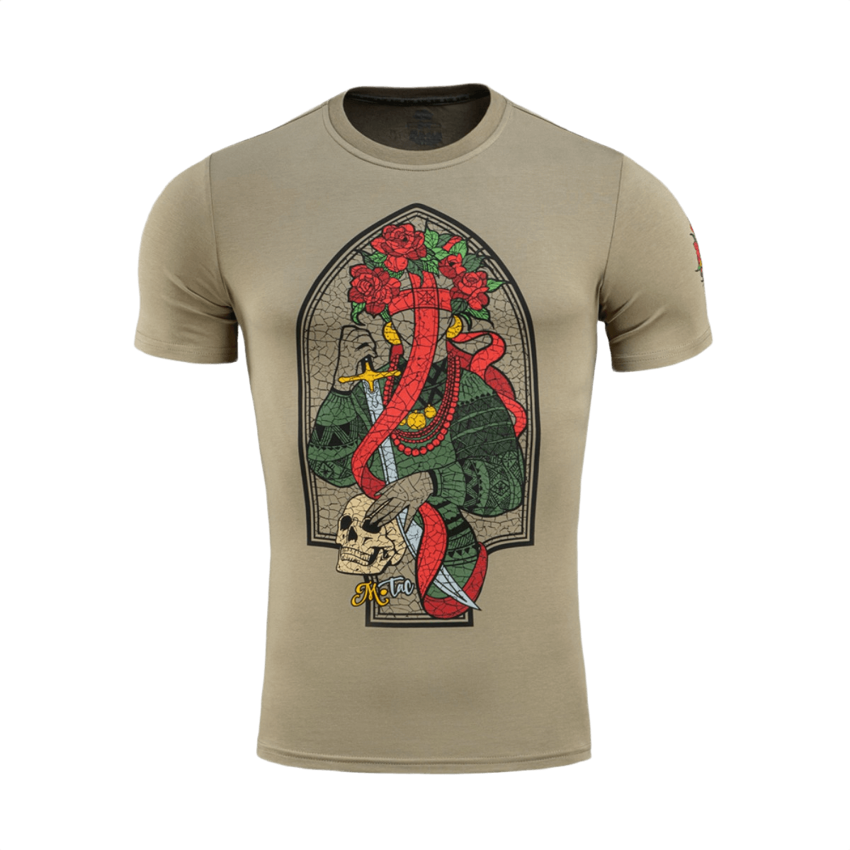 M-Tac T-Shirt Motanka med Motanka-dukke design, traditionelt ukrainsk outfit og tekst "M-TAC. Terra Cosaccorum" illustreret foran.