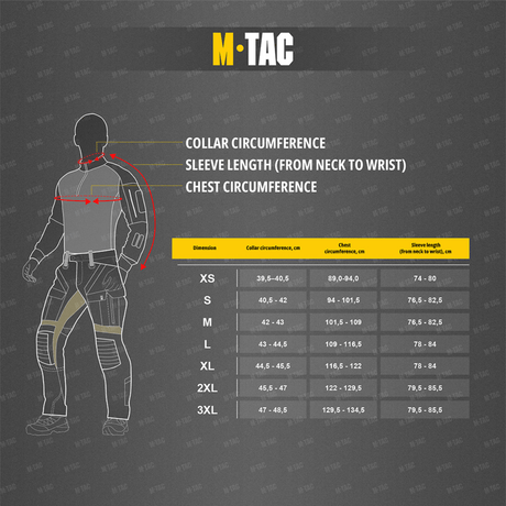 Størrelsesdiagram for M-Tac T-Shirt Motanka med målinger for krave, ærmelængde og brystomkreds fra XS til 3XL.