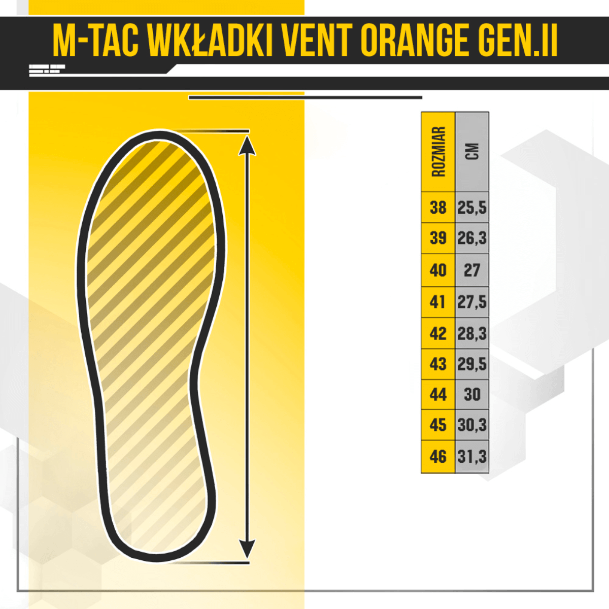 M-Tac Vent Sål Orange Gen.II indlægssåler med størrelse guide og designoversigt