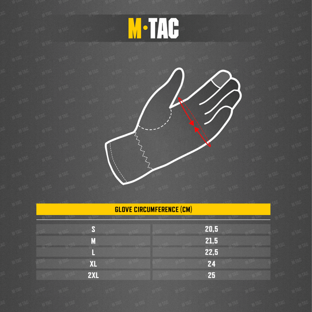 Størrelsestabel for M-Tac Vinterhandsker Soft Shell, der viser handskens omkreds i cm. Ideel til at finde din rette størrelse.