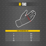 Størrelsestabel for M-Tac Vinterhandsker Soft Shell, der viser handskens omkreds i cm. Ideel til at finde din rette størrelse.