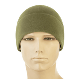 M-Tac Watch Cap Elite Fleece Beanie Hat Slimtex i olivengrøn på mannequin, let og varm hue i fleece til taktisk brug og vinteraktiviteter.