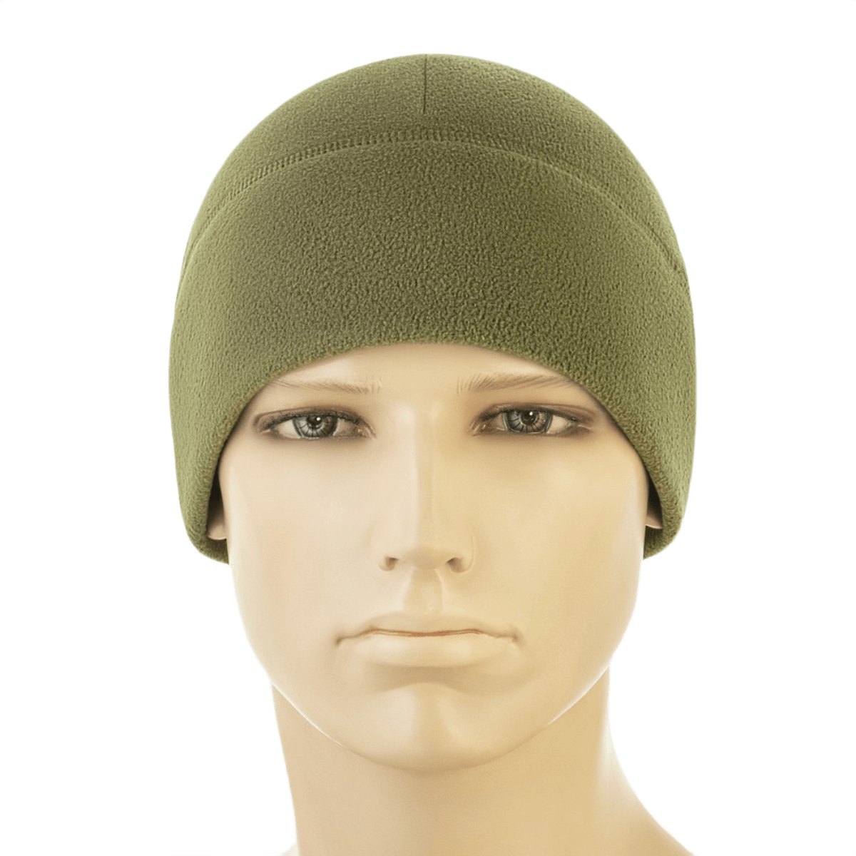 M-Tac Watch Cap Elite Fleece Beanie Hat Slimtex i olivengrøn på mannequin, let og varm hue i fleece til taktisk brug og vinteraktiviteter.