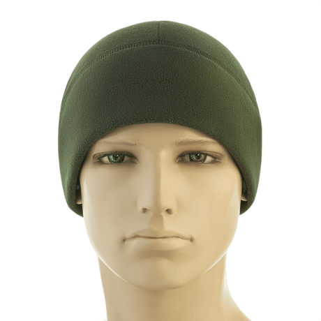 M-Tac Watch Cap Elite Fleece Beanie Hat Slimtex i olivengrøn på mannequin. Varm, letvægts hue ideel til vinter og friluftsliv.