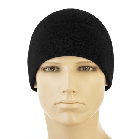 Sort M-Tac Watch Cap Elite Fleece Beanie Hat Slimtex på mannequin hoved, ideel til koldt vejr og taktisk brug, lavet af holdbar fleece og Slimtex.