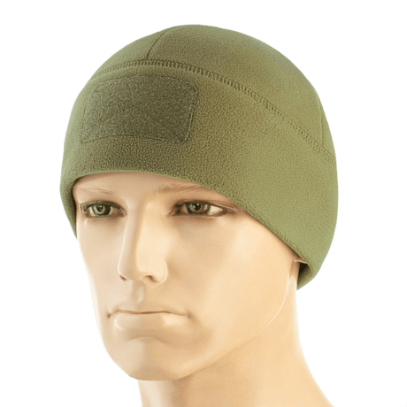 M-Tac Watch Cap Elite Fleece Beanie Hat Velcro i grøn, lavet af 100% polyester fleece, med velcro-panel til mærker. Ideel til koldt vejr.