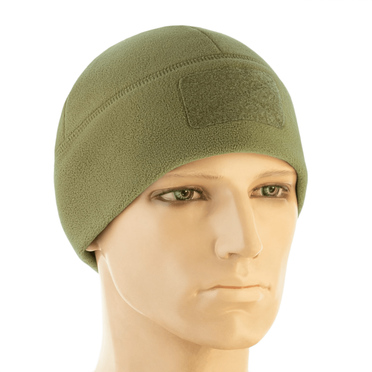M-Tac Watch Cap Elite Fleece Beanie Hat Velcro i grøn, let og varm, perfekt til koldt vejr og taktisk brug, set på mannequin