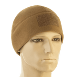 M-Tac Watch Cap Elite Fleece Beanie Hat Velcro i brun farve på mannequin, perfekt til taktisk brug og beskyttelse mod kulde.