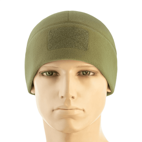 M-Tac Watch Cap Elite Fleece Beanie Hat Velcro i olivengrøn, let og varm hue til taktisk brug og friluftsliv, med velcro-panel.