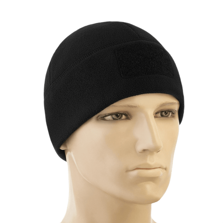 M-Tac Watch Cap Elite Fleece Beanie Hat Velcro i sort fleece på mannequinhoved, ideel til taktisk brug og vinteraktiviteter.