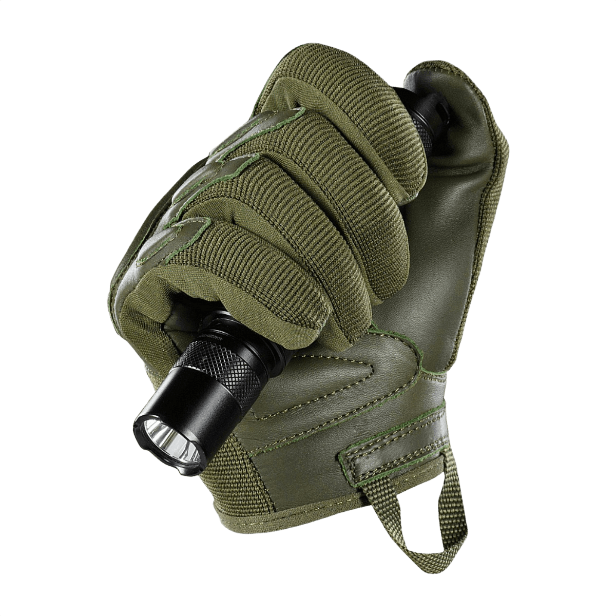 M-Tac Handsker Assault Tactical Mk.2 i grøn med lommelygte, ægte læder og syntetisk indsats for bedre greb og beskyttelse.