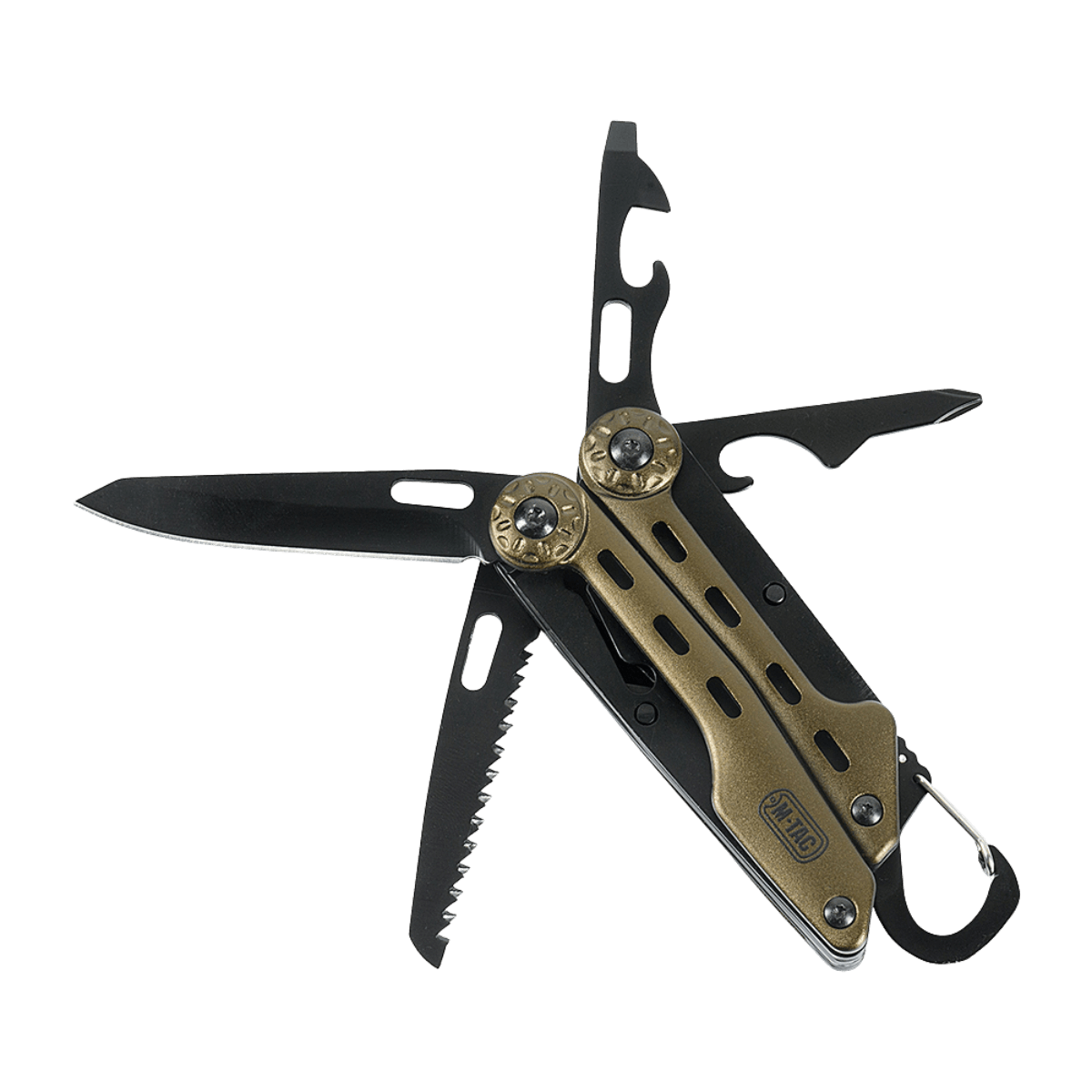 M-Tac Multiværktøj Type 5 åbnet til visning af værktøjer til udendørs aktiviteter lavet af rustfrit stål.