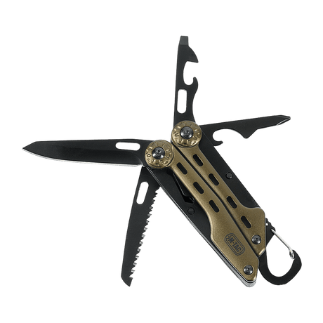 M-Tac Multiværktøj Type 5 åbnet til visning af værktøjer til udendørs aktiviteter lavet af rustfrit stål.