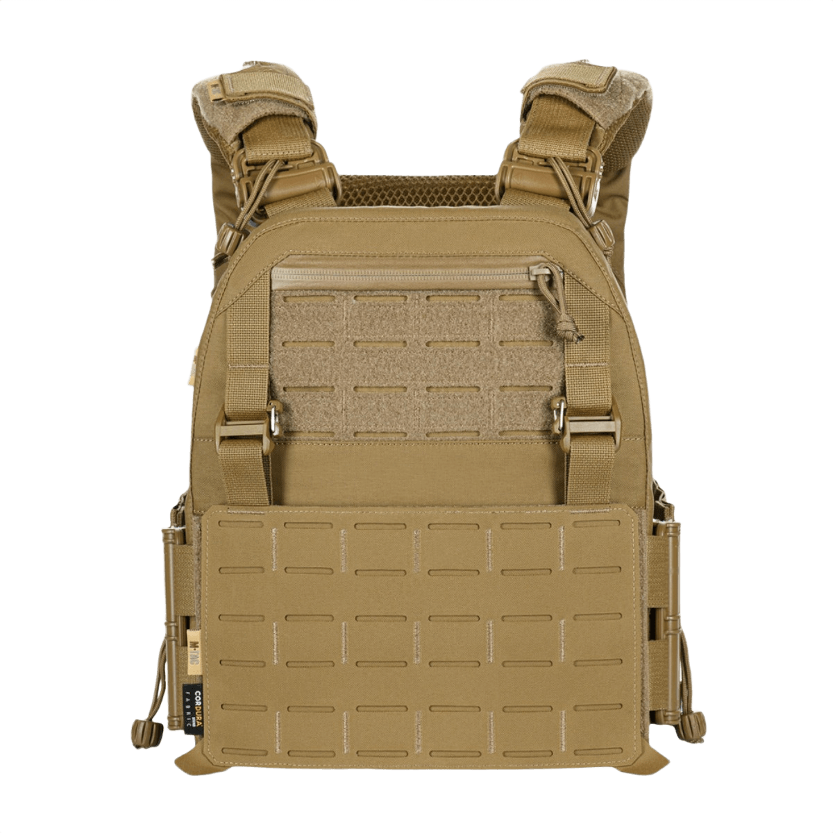 M-Tac Plate Carrier Cuirass FAST Elite Gen.II i tan farve, med slidstærkt Cordura 500D materiale og hurtiglåse, set forfra.