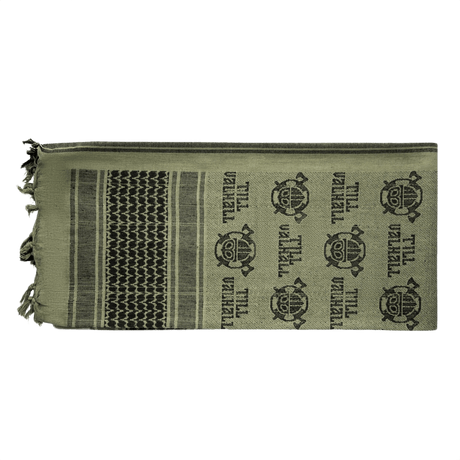 M-Tac Shemagh Tørklæde Til Valhall i olivengrøn med "Til Valhall" motiv, 105x105 cm, taktisk design i 100% bomuld.