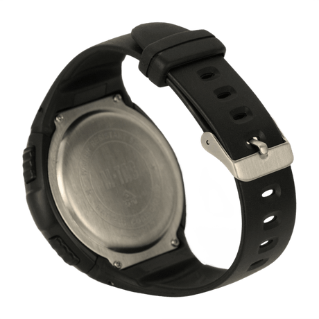Bagsiden af M‑Tac Taktisk Ur med Pedometer med sort rem og metalspænde, perfekt til sport og udendørs aktiviteter.
