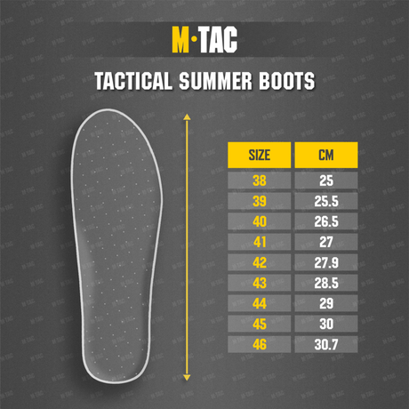 Størrelsestabel for M-Tac Taktiske Sommerstøvler med indlægssål illustration. Vigtige data for korrekte M-Tac støvlevalg.