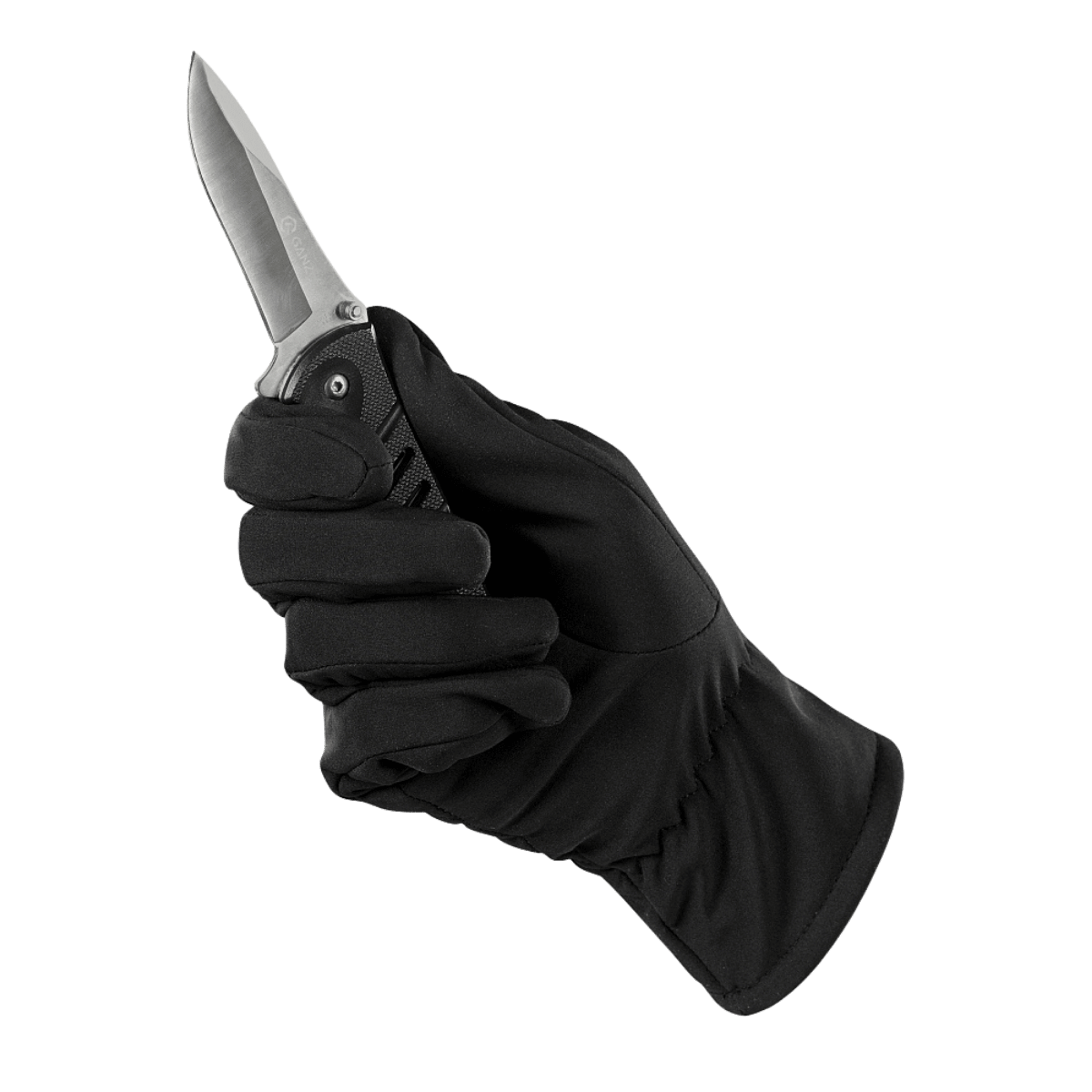 M-Tac Vinterhandsker Soft Shell i sort med en knivholder funktion, der viser handskeegenskaber og greb for maksimal komfort og beskyttelse.