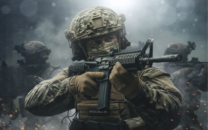 Soldat i militæruniform sigter med riffel under træning