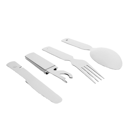 M-Tac Stål Bestiksæt Large (4 dele) rejsebestiksæt med ske, gaffel, kniv og åbner i et kompakt etui, ideelt til camping og vandreture.