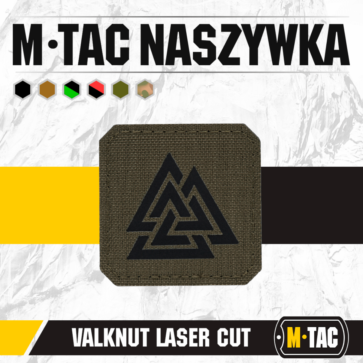 M-Tac Patch Valknut Laser Cut Odin symbol i mørk grå farve, vist på hvid baggrund