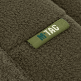 M-Tac Watch Cap Elite Fleece Beanie Hat Velcro i grøn fleece med velcro-panel til mærker, ideel til koldt vejr og taktiske aktiviteter.
