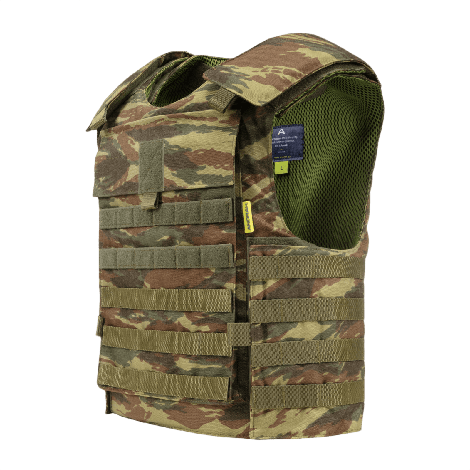 "Anorak Niobium® Tactical II – fr.bk. Stik & Skudsikker Vest" i camouflage, let og fleksibelt kropspanser til beskyttelse mod våben.