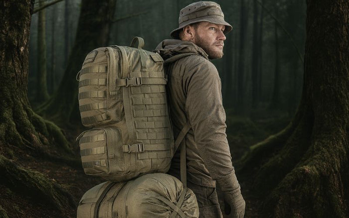 Mand i skov med stor rygsæk, udforsker naturen i outdoor-udstyr.